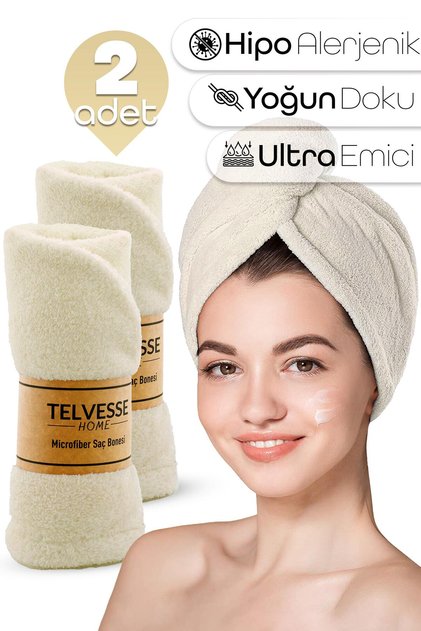 2 Adet Mikrofiber Saç Havlusu Lastikli Plaj Deniz Havuz Bonesi Banyo Saç Kurutma Baş Havlusu Krem