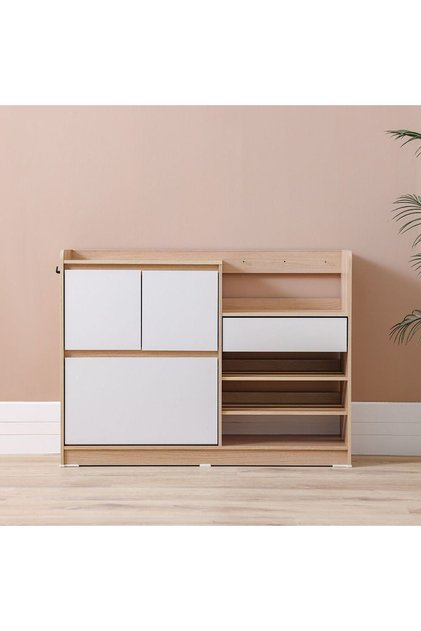 Barbados 15pair Shoe Cabinet W/open Shelves-white/oak L107.5xw29.7xh80.5cm
