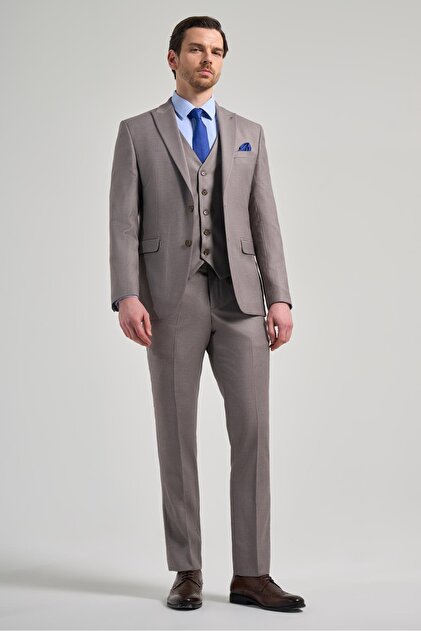 İmza Koyu Vizon Mono Yaka 6 Drop Comfort Fit Classic Takım Elbise