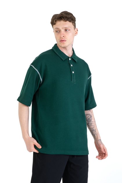 Kayruka Double Pike Fabric Men's Polo Neck T-Shirt with Stitching Detail, T-Shirt