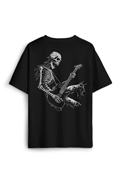 Kendim Seçtim Siyah Oversize Skeleton Playing Guitar Heavy Metal