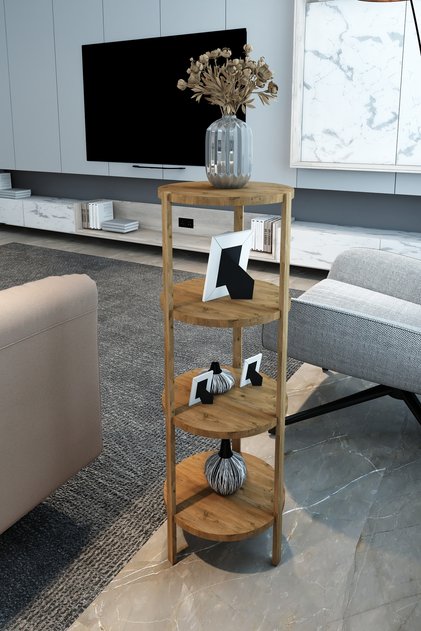 Miray Atlantik Çam 4 Katlı Yuvarlak Ahşap Çok Amaçlı Sehpa / Saksılık-Çiçeklik / Dekoratif Raf