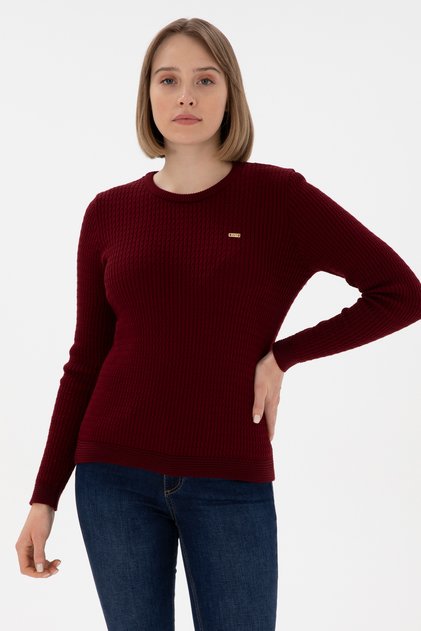 Women's Burgundy Crew Neck Basic Sweater 50312922 -Vr014