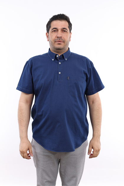 Men's Plus Size Half Placket Navy Jeans Cotton Button Collar Pocket Short Sleeve Shirt KK-8031-TSS