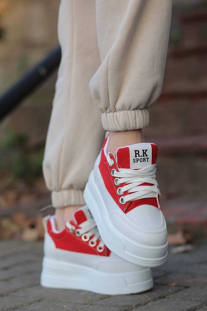 Frm-018 High Sole Lace-Up Red Linen Sports Shoes