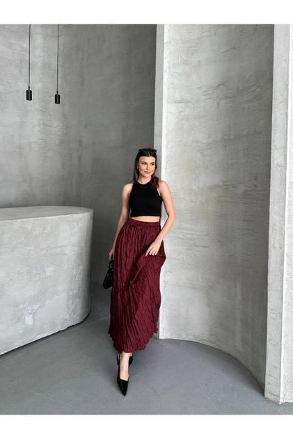 Pleated Micro Satin Crinkle Model Maxi Length Skirt