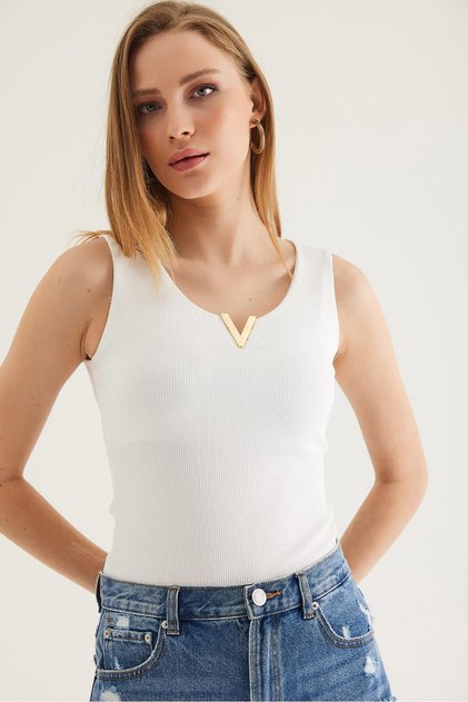 Collar V Detail Knitwear Blouse White
