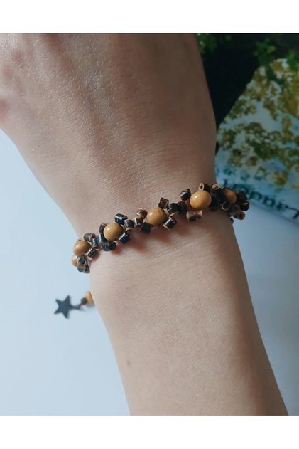Bohemian Wooden Bead Embroidered Copper Bracelet