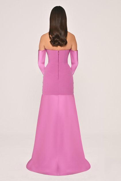 Strapless Stone Accessory Sleeves Satin Long Evening Dress