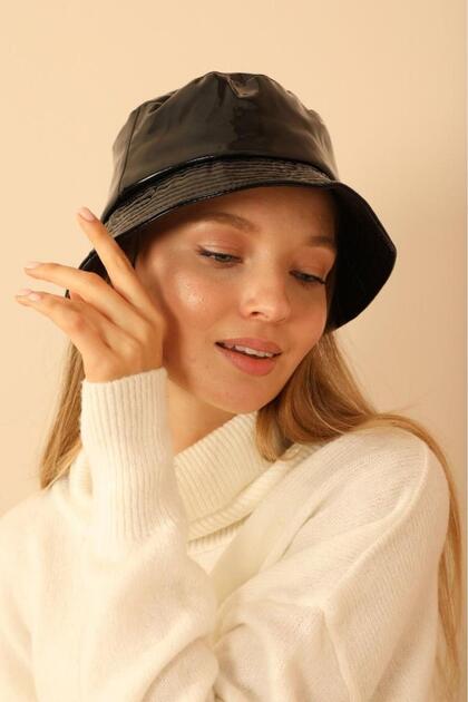 Patent Leather Bucket Women's Hat Black Leather Fisherman Type