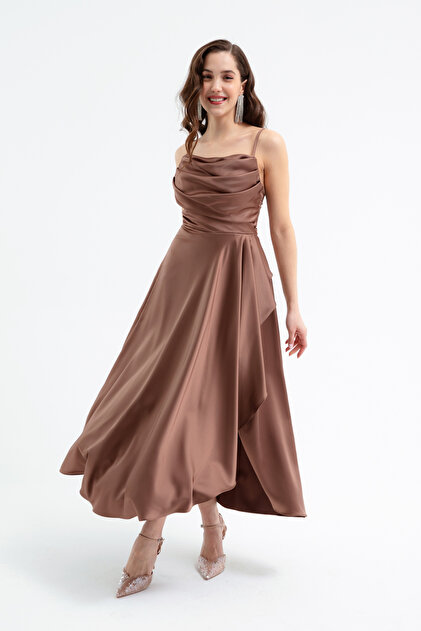 Lafaba Women's Brown Flounce Slit Satin Midi Length Evening Dress & Graduation  Dress- Trendyol