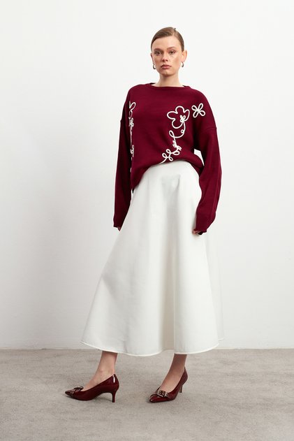 Women's White Shiny Puff Scuba Flared Skirt