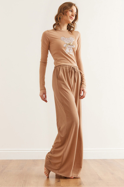 Women's Camel Lace-Up Pocketed Thick Ribbed Loose Pajama Bottoms Pjma-0000003