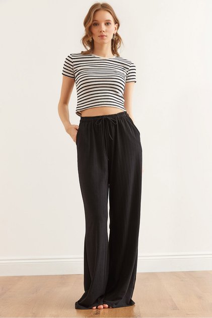 Women's Black Lace-Up Pocketed Thick Ribbed Loose Pajama Bottoms Pjma-0000003