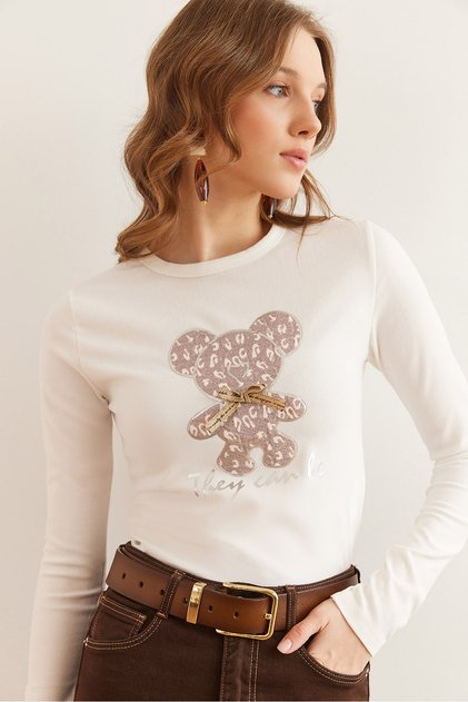 Women's Ecru Lame Stripe Teddy Bear Applique Stretchy Crop Blouse Blz- 19002840