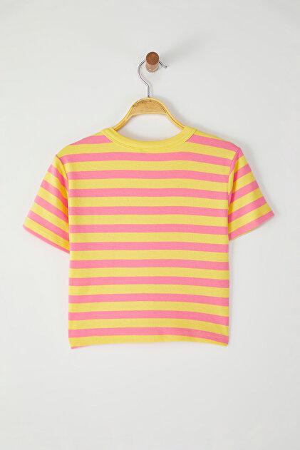 Trendyolmilla Pembe-Turuncu Çizgili Viskoz/Yumuşak Kumaş Crop