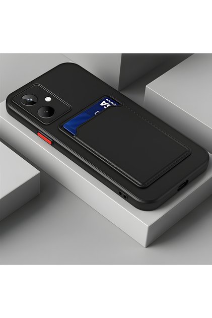 Galaxy A06 Case with Camera Protection, Card Holder on the Back, Wallet, Red Button, Black Silicone Cover