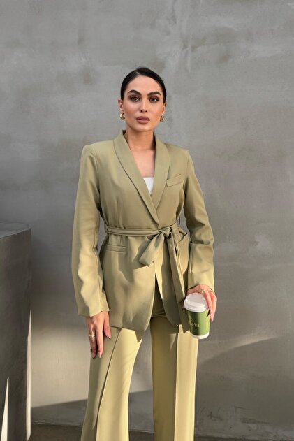 Women's Two-Belted Blazer Jacket and Pants Suit, Light Khaki