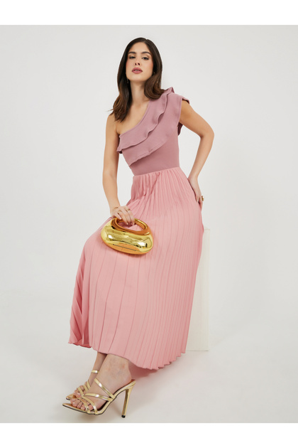 Pleated Detail Ruffled One Shoulder Maxi Dress
