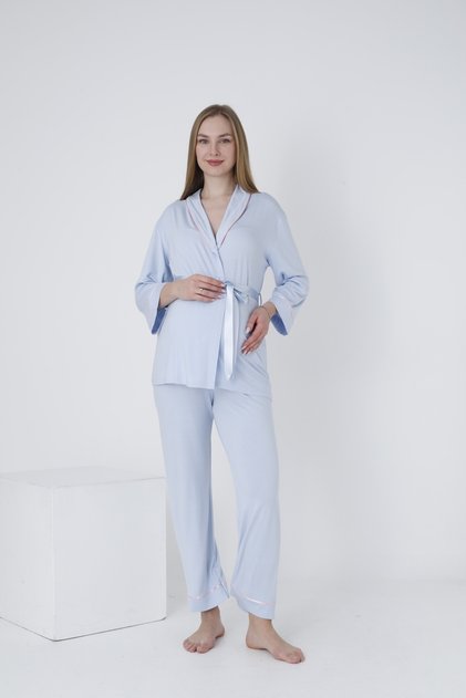 Front Tie-Detail Wide Collar Maternity and Postpartum Pajama Set