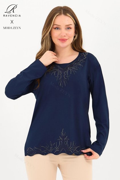 Women's Navy Blue Stone Embroidered Slit Lycra Viscose Mother Combed Cotton Blouse
