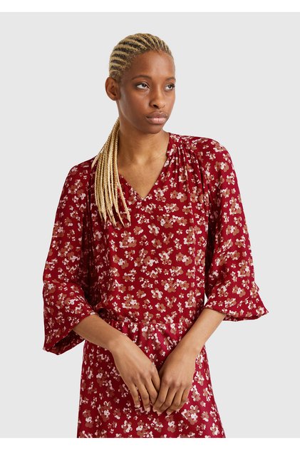 Kadın Bordo %100 Viskoz V Yaka Raglan Kol Bluz