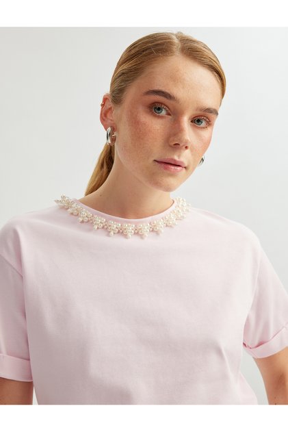 Relaxed Fit Cotton Pearl Detailed Short-Sleeve Crew Neck T-Shirt