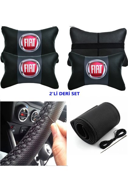 Fiat Linea Uyumlu Dikmeli Direksiyon Kılıfı+2'Li Oto Boyun Yastığı (LÜKS DERİ SET)