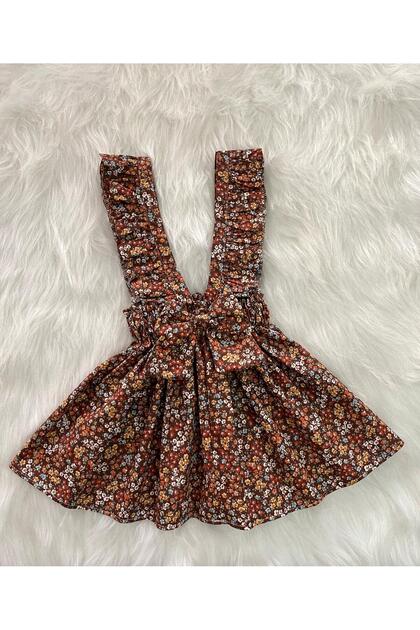 Girls' Brown Flowered Bowknot Ruffle Strap Salopet Dress (Made of 100% Cotton Fabric.)