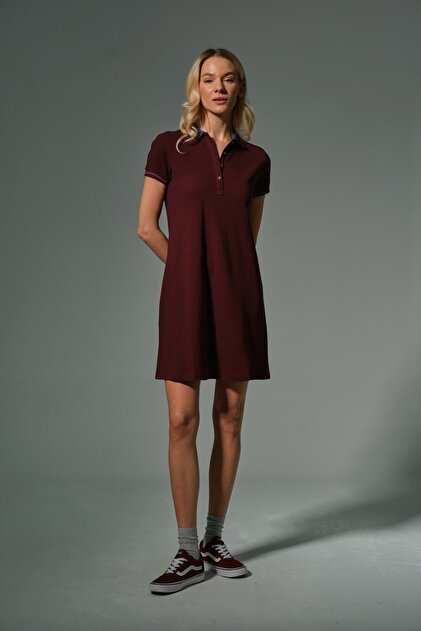 Domoda Burgundy 100% Cotton Polo Pique Knitted Women's Mini Tennis Dress @Cascais- Trendyol Domoda Burgundy 100% Cotton Polo Pique Knitted Women's Mini Tennis Dress @Cascais- Trendyol