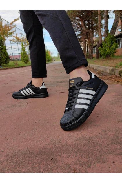 Siyah Beyaz Rahat Çizgili Düz Taban Unisex Spor Ayakkabı Sneaker