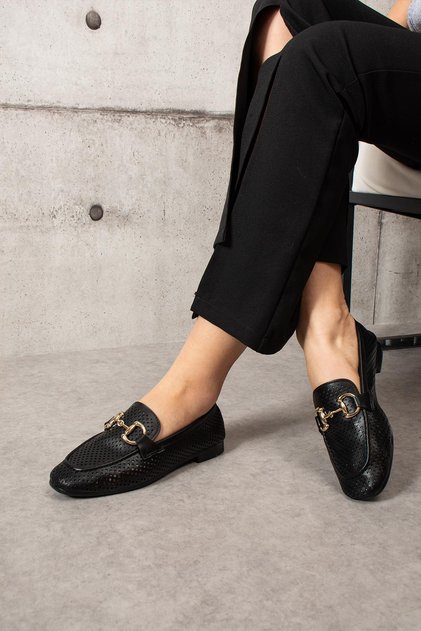 Dorotta Women's Ballet Flats with Laser Perforated Buckle in Black Leather