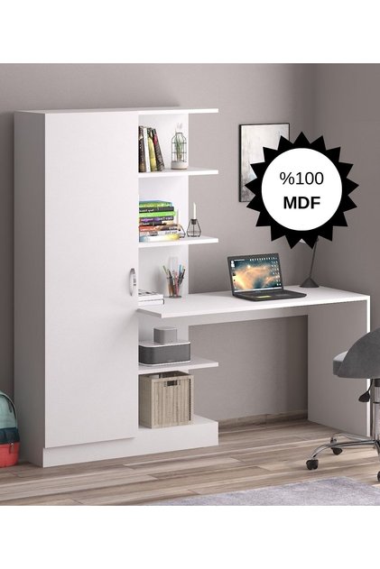 MDF Narin Raflı Kitaplıklı Kapaklı Dolaplı Çalışma Masası - Beyaz (Dolap Sol)