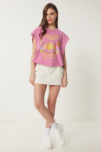 Printed Washed Cotton Knitted T-Shirt Pink Lus0087