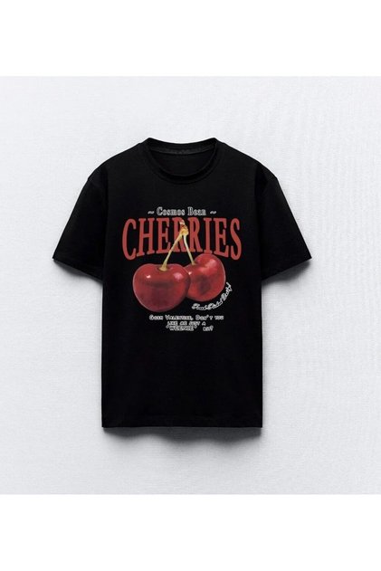 Cherries Written Cherry Design Printed Black Women's T-Shirt