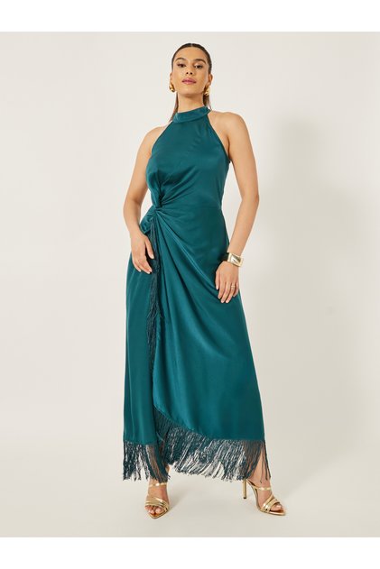 Halter Neck Wrap Style Maxi Dress with Fringe Hem