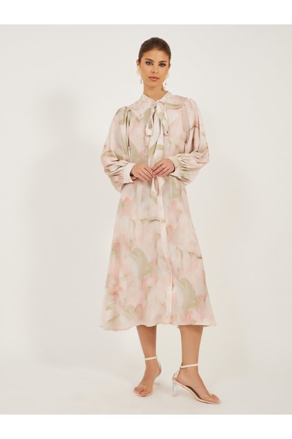 Printed Balloon Sleeves Tie-Up Neck Shirt Midi Dress
