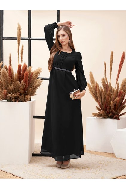 Pleated Puff Sleeve Square Neck A-Line Maxi Dress