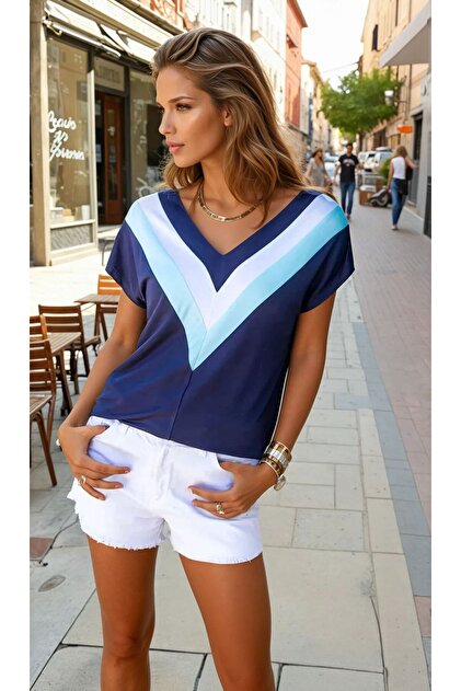 Women's V-Neck Short Sleeve Anti-Sweat T-Shirt / Blouse Navy Blue White 700-3247187