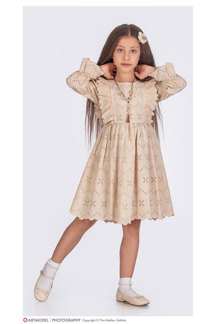 Embroidered Girls' Dress with Gathered Sleeves and Sashes
