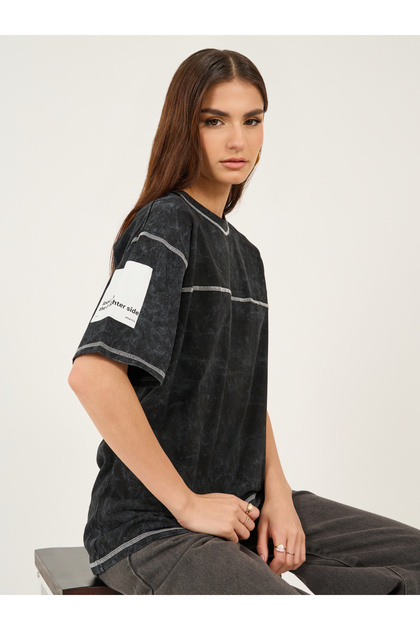 Acid Wash Printed Round Neck Oversized T-Shirt