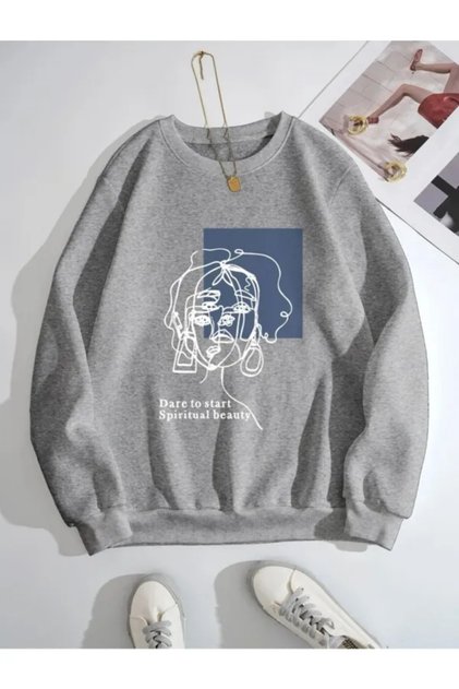 Unisex Bisiklet Yaka Kadın Baskılı Sweatshirt