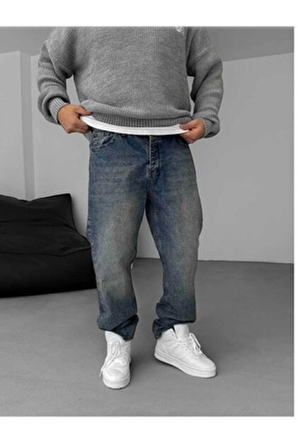 BYBASICMAN Koyu Mavi Yıkamalı Eskitme Baggy Jean KE-610 - Fiyatı