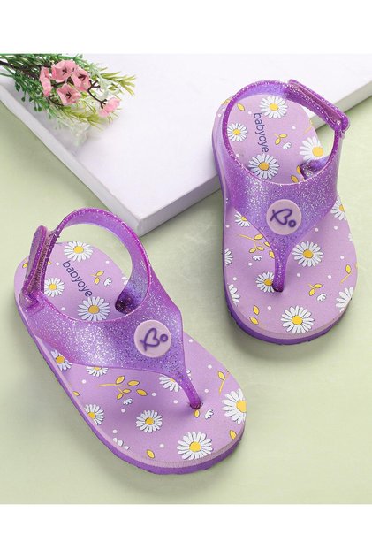 Babyoye Slip On Flip Flops with Back Strap Velcro Closure & Floral Print - Purple