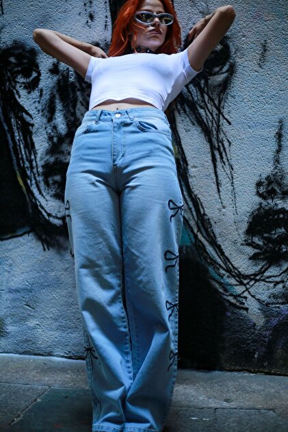 Touz Moda Y2k Ribbon Detail Bol Paça Yıkamalı Pantolon Jean