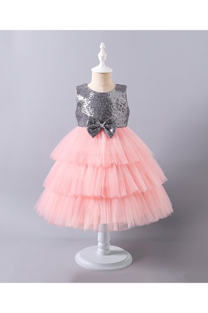 Mark & Mia Bow Detailed Sequins Embellished Sleeveless Tulle Dress - Grey & Peach
