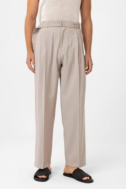 Beige Modal Fabric Relax Fit Belted Men's Trousers