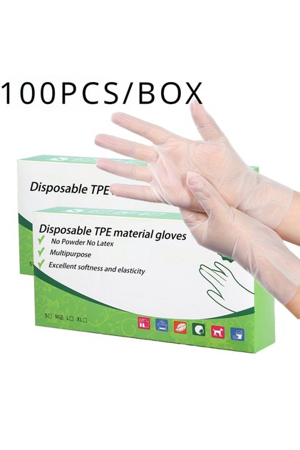 100 قطعة من قفازات TPE للاستخدام مرة واحدة، خالية من البودرة واللاتكس، مناسبة للمطبخ والحمام