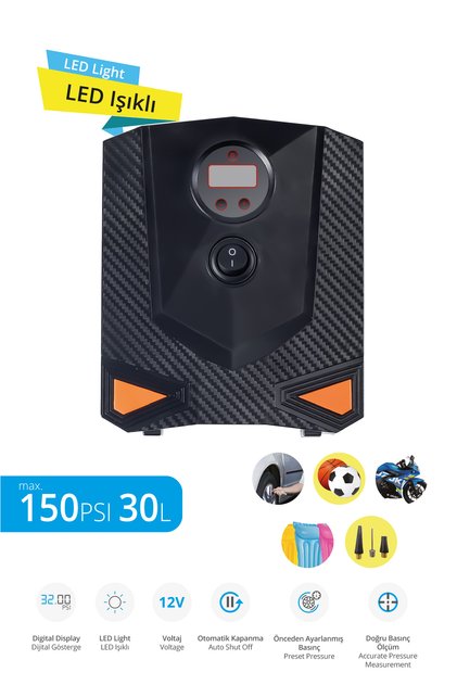 11316 LED Işıklı Dijital Hava Kompresörü / Maksimum 150PSI 30L / Dijital Gösterge / Otomatik Kapanma