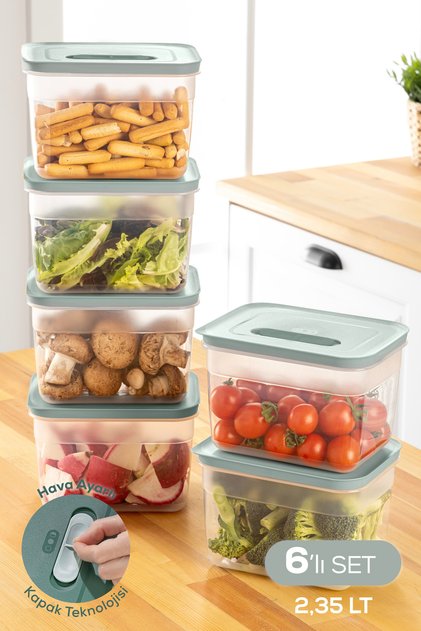 6-Piece Air-Channel Adjustable Vegetable and Fruit Storage Container Set 6X(2.35 Lt) Mint